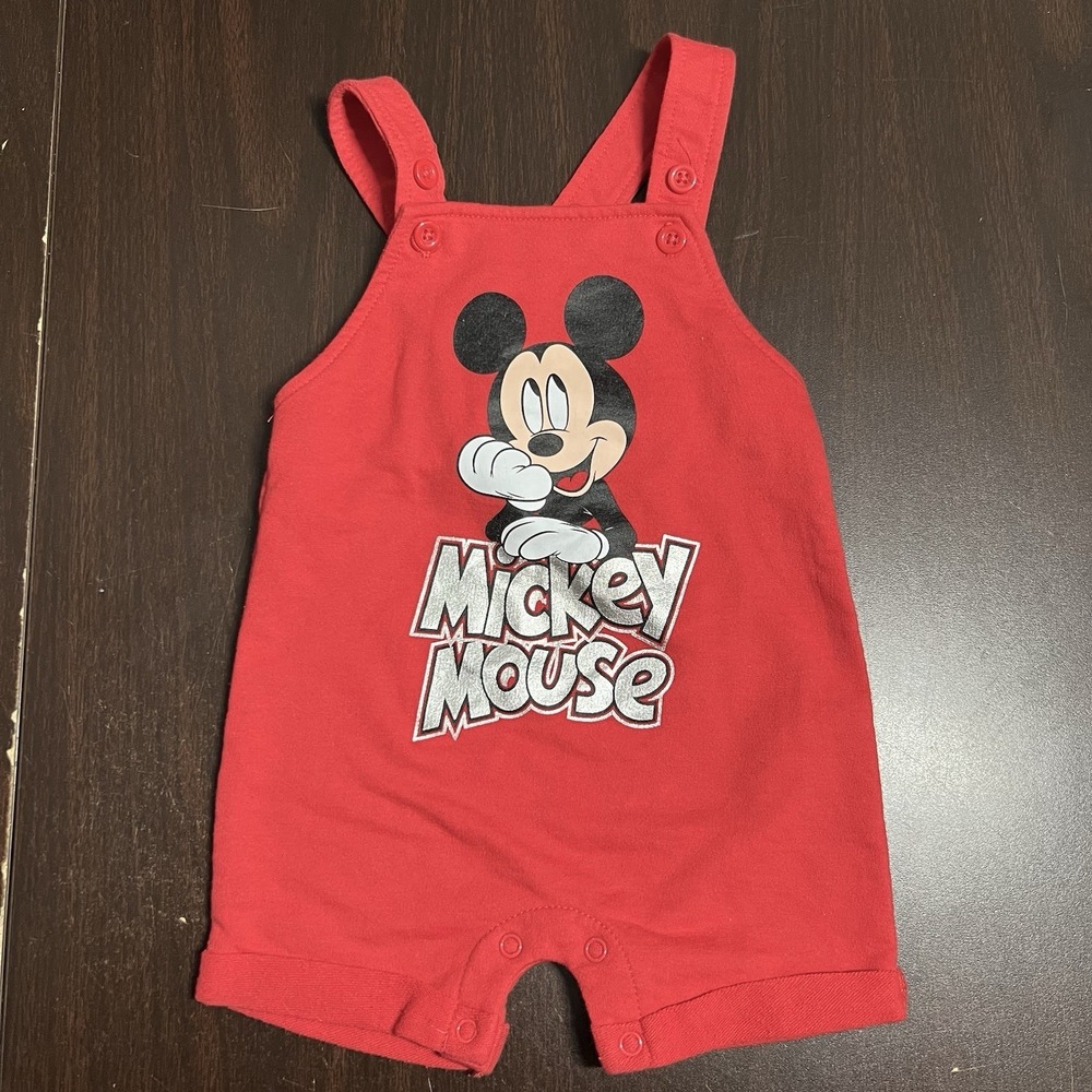 Disney Baby Boys Size 6–9M Mickey Mouse Red Romper Shortalls‎